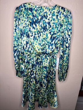 Nicole Miller New York Fit & Flare Long Sleeve Blue and Green Wrap Design XS Dre